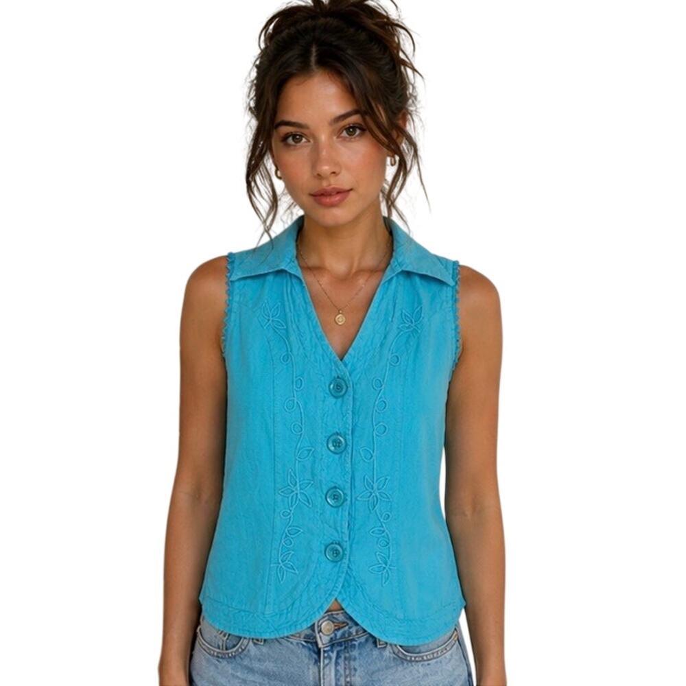 La Cotonnière Turquoise Embroidered Sleeveless Button-Up Top | Cotton Boho